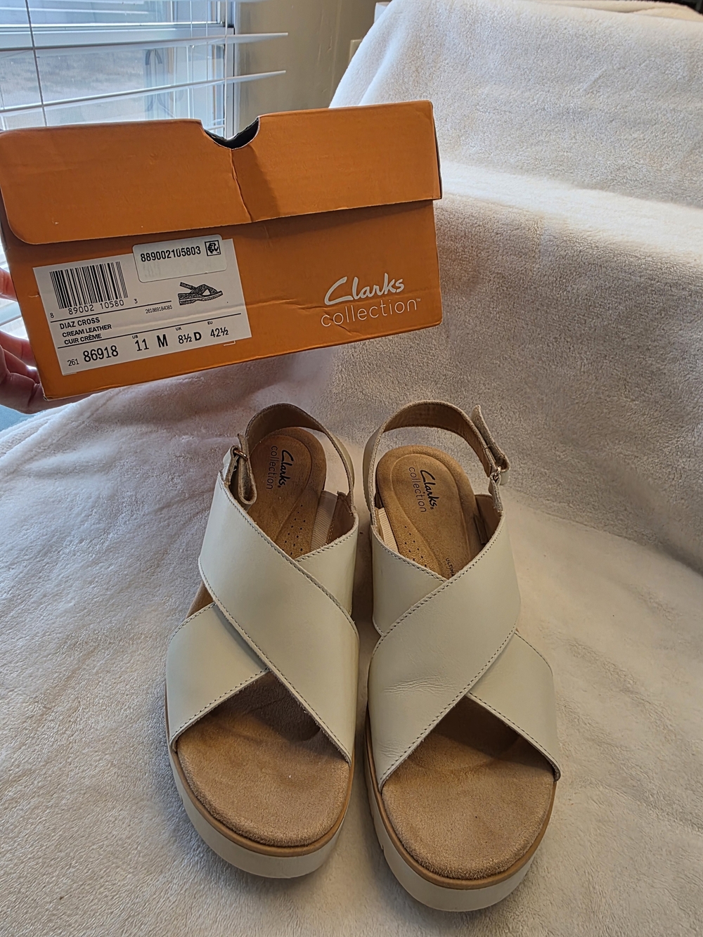 Clarks Cream Cross-Strap Wedge Sandals